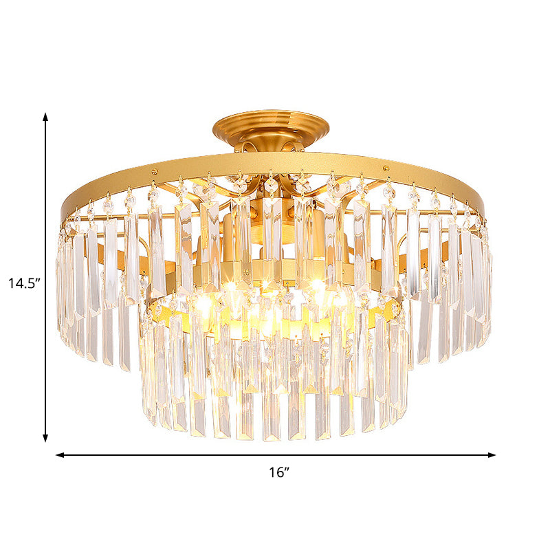 Modern 2 Tiers Semi Flush Mount Light Tri-Sided Crystal Rod 5 Lights Living Room Ceiling Fixture in Black/Gold Clearhalo 'Ceiling Lights' 'Close To Ceiling Lights' 'Close to ceiling' 'Semi-flushmount' Lighting' 220693