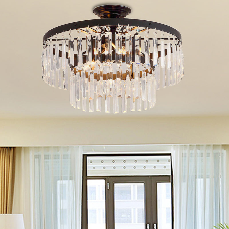 Modern 2 Tiers Semi Flush Mount Light Tri-Sided Crystal Rod 5 Lights Living Room Ceiling Fixture in Black/Gold Black Clearhalo 'Ceiling Lights' 'Close To Ceiling Lights' 'Close to ceiling' 'Semi-flushmount' Lighting' 220695