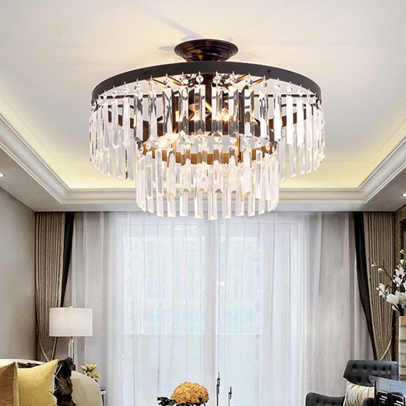 Modern 2 Tiers Semi Flush Mount Light Tri-Sided Crystal Rod 5 Lights Living Room Ceiling Fixture in Black/Gold Clearhalo 'Ceiling Lights' 'Close To Ceiling Lights' 'Close to ceiling' 'Semi-flushmount' Lighting' 220699