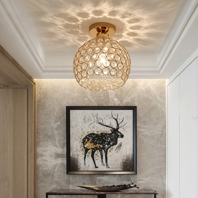 Metal and Crystal Dome Ceiling Fixture Modern 1 Light Gold Semi Flush Mount Light for Hallway Clearhalo 'Ceiling Lights' 'Close To Ceiling Lights' 'Close to ceiling' 'Semi-flushmount' Lighting' 220706