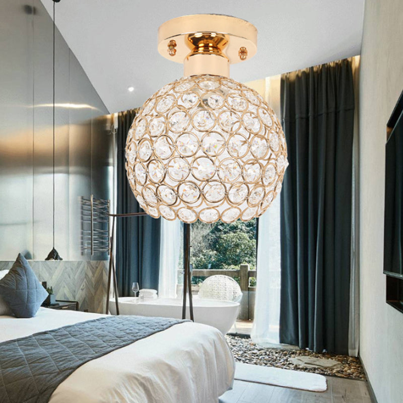 Metal and Crystal Dome Ceiling Fixture Modern 1 Light Gold Semi Flush Mount Light for Hallway Clearhalo 'Ceiling Lights' 'Close To Ceiling Lights' 'Close to ceiling' 'Semi-flushmount' Lighting' 220710