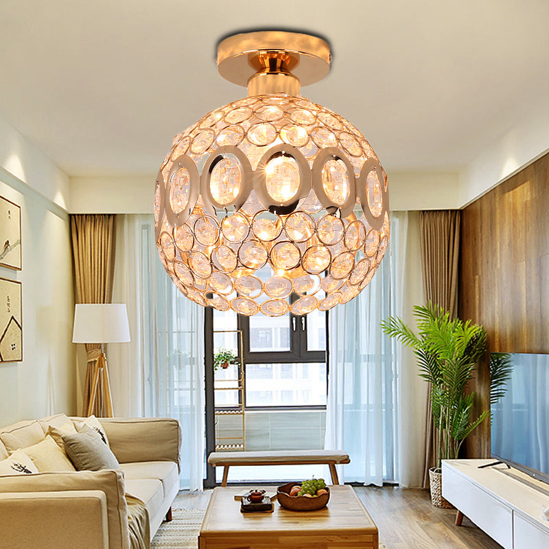 Contemporary 1 Light Semi Flush Mount with Crystal and Metal Shade Gold Dome Ceiling Light Clearhalo 'Ceiling Lights' 'Close To Ceiling Lights' 'Close to ceiling' 'Semi-flushmount' Lighting' 220719