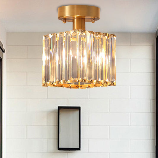 1 Light Corridor Semi Flush Mount Light with Cubic Rectangular-Cut Crystal Shade Modern Brass Ceiling Mount Light Clearhalo 'Ceiling Lights' 'Close To Ceiling Lights' 'Close to ceiling' 'Semi-flushmount' Lighting' 220725