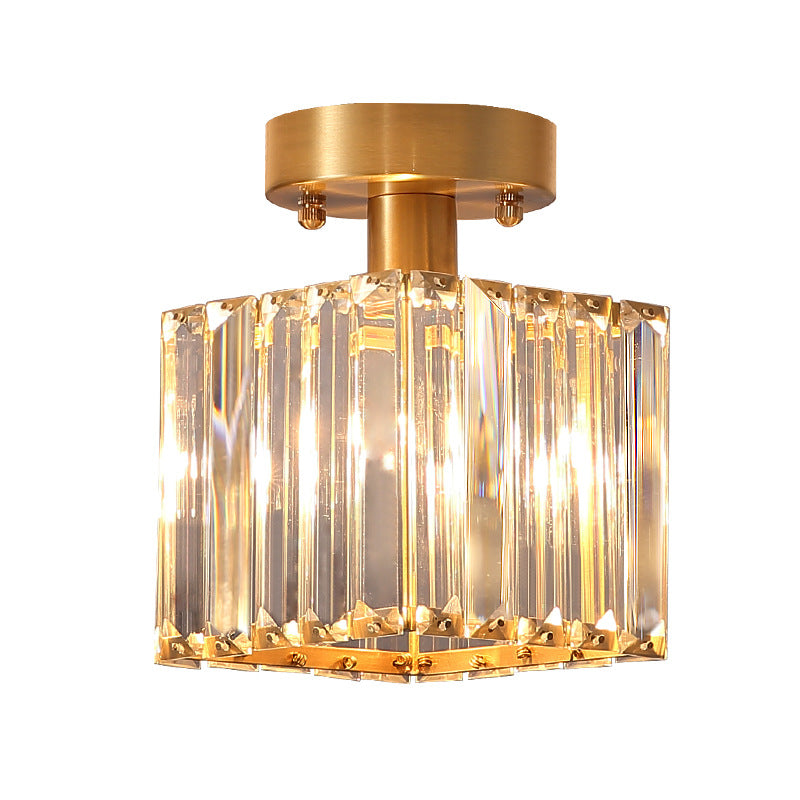 1 Light Corridor Semi Flush Mount Light with Cubic Rectangular-Cut Crystal Shade Modern Brass Ceiling Mount Light Clearhalo 'Ceiling Lights' 'Close To Ceiling Lights' 'Close to ceiling' 'Semi-flushmount' Lighting' 220727