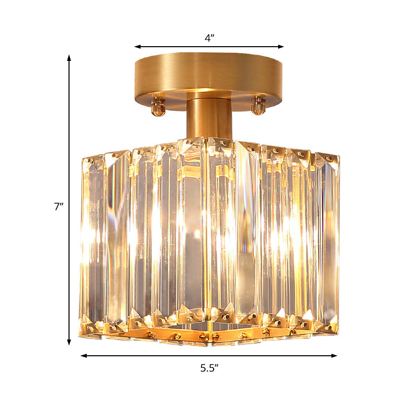 1 Light Corridor Semi Flush Mount Light with Cubic Rectangular-Cut Crystal Shade Modern Brass Ceiling Mount Light Clearhalo 'Ceiling Lights' 'Close To Ceiling Lights' 'Close to ceiling' 'Semi-flushmount' Lighting' 220728