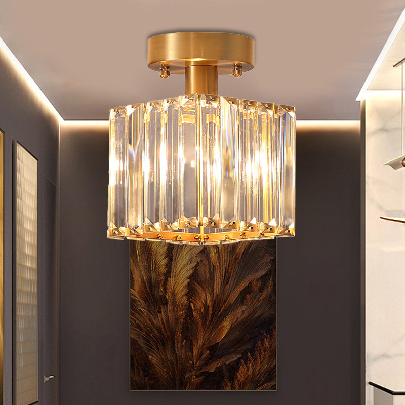 1 Light Corridor Semi Flush Mount Light with Cubic Rectangular-Cut Crystal Shade Modern Brass Ceiling Mount Light Brass Clearhalo 'Ceiling Lights' 'Close To Ceiling Lights' 'Close to ceiling' 'Semi-flushmount' Lighting' 220730