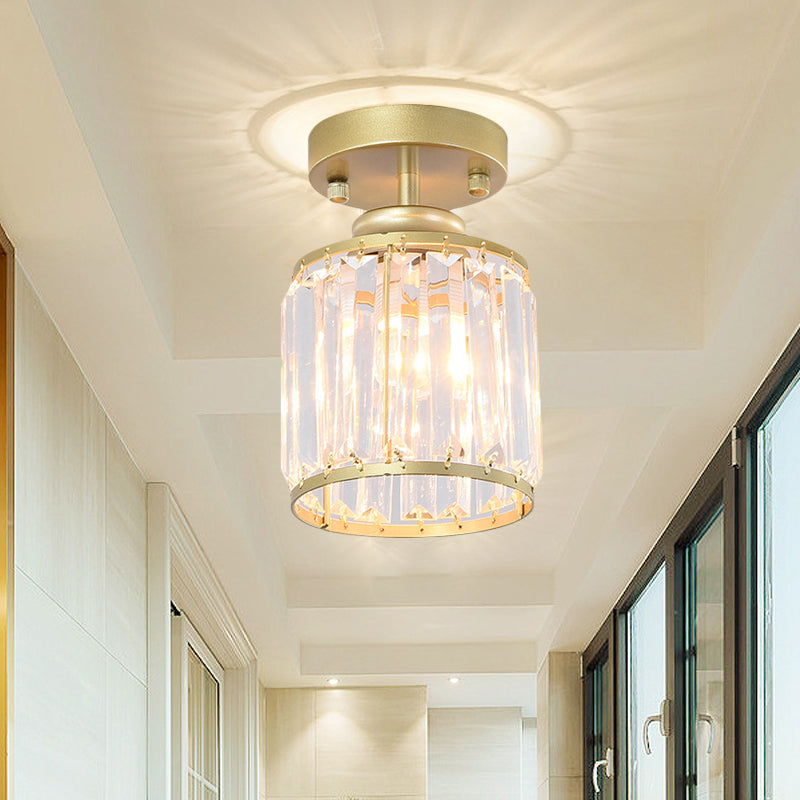 1 Light Corridor Semi Flush Light Contemporary Gold/Black Ceiling Light with Cylinder Crystal Block Shade Gold Clearhalo 'Ceiling Lights' 'Close To Ceiling Lights' 'Close to ceiling' 'Semi-flushmount' Lighting' 220740