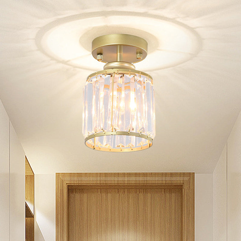 1 Light Corridor Semi Flush Light Contemporary Gold/Black Ceiling Light with Cylinder Crystal Block Shade Clearhalo 'Ceiling Lights' 'Close To Ceiling Lights' 'Close to ceiling' 'Semi-flushmount' Lighting' 220741