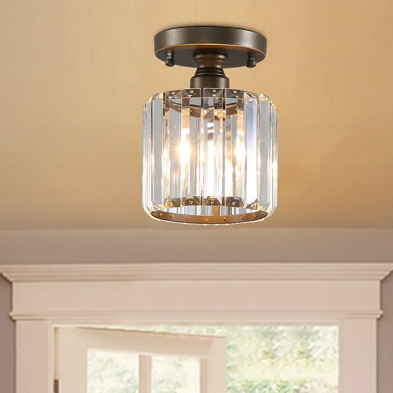 Rustic 1 Light Ceiling Light with Rectangular-Cut Crystal Shade Brass Cylinder Semi Flush Mount Light Clearhalo 'Ceiling Lights' 'Close To Ceiling Lights' 'Close to ceiling' 'Semi-flushmount' Lighting' 220742