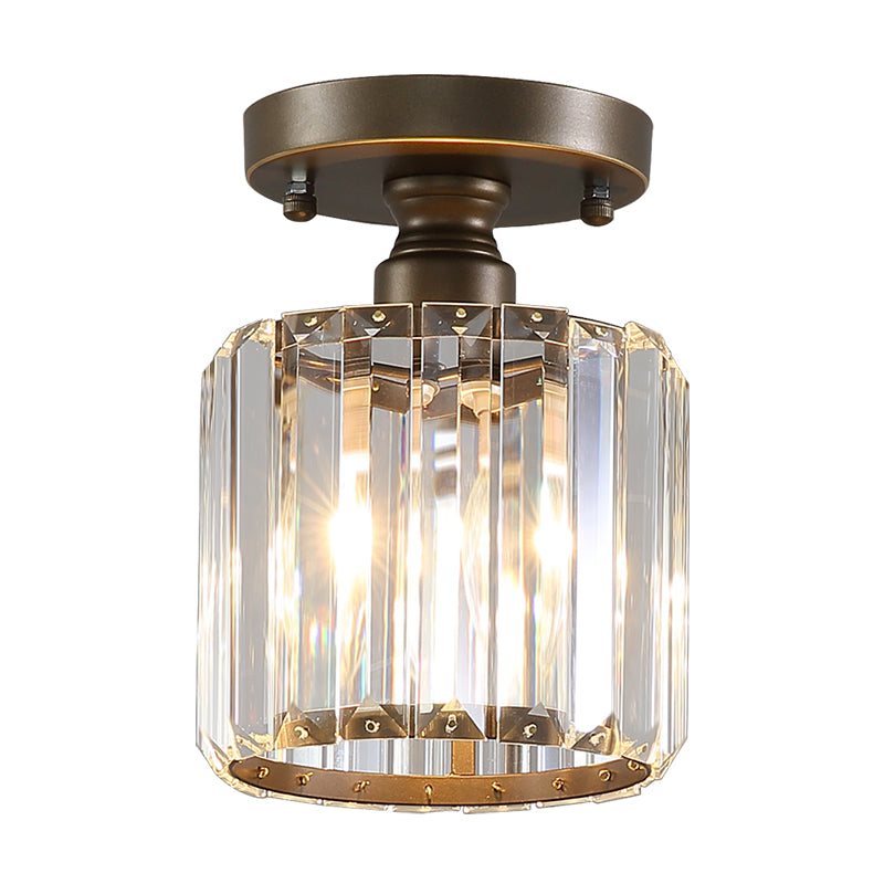 Rustic 1 Light Ceiling Light with Rectangular-Cut Crystal Shade Brass Cylinder Semi Flush Mount Light Clearhalo 'Ceiling Lights' 'Close To Ceiling Lights' 'Close to ceiling' 'Semi-flushmount' Lighting' 220744