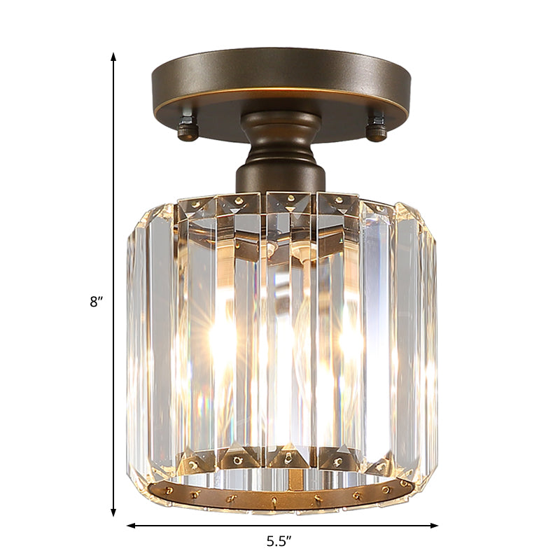 Rustic 1 Light Ceiling Light with Rectangular-Cut Crystal Shade Brass Cylinder Semi Flush Mount Light Clearhalo 'Ceiling Lights' 'Close To Ceiling Lights' 'Close to ceiling' 'Semi-flushmount' Lighting' 220745