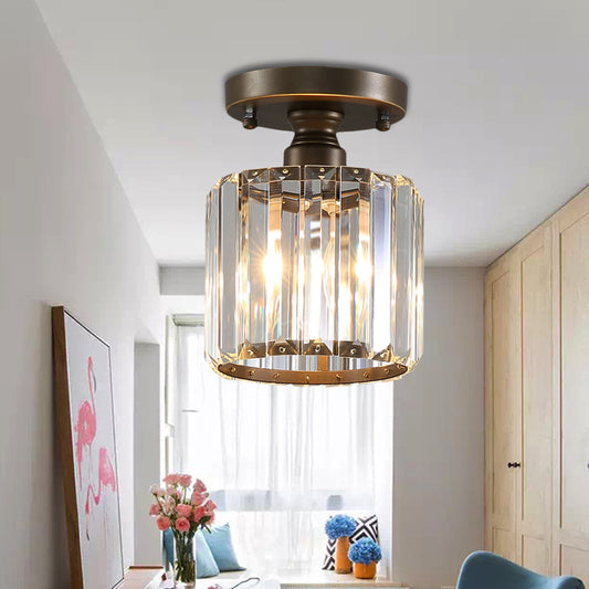 Rustic 1 Light Ceiling Light with Rectangular-Cut Crystal Shade Brass Cylinder Semi Flush Mount Light Brass Clearhalo 'Ceiling Lights' 'Close To Ceiling Lights' 'Close to ceiling' 'Semi-flushmount' Lighting' 220747