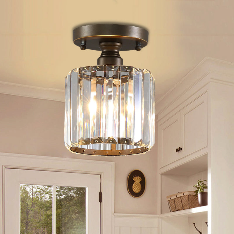 Rustic 1 Light Ceiling Light with Rectangular-Cut Crystal Shade Brass Cylinder Semi Flush Mount Light Clearhalo 'Ceiling Lights' 'Close To Ceiling Lights' 'Close to ceiling' 'Semi-flushmount' Lighting' 220748