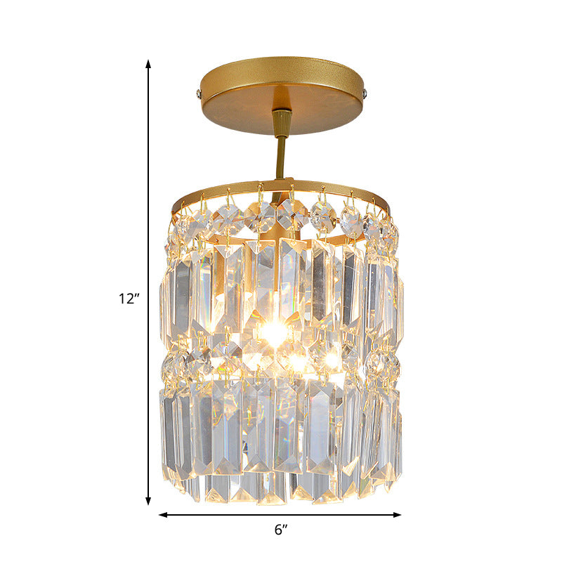 1 Light Hallway Semi Flush Light with Cylinder Crystal Shade Contemporary Brass Ceiling Lamp Clearhalo 'Ceiling Lights' 'Close To Ceiling Lights' 'Close to ceiling' 'Semi-flushmount' Lighting' 220758