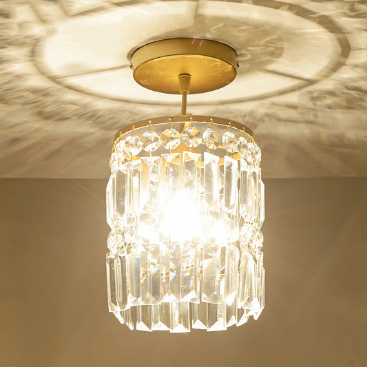 1 Light Hallway Semi Flush Light with Cylinder Crystal Shade Contemporary Brass Ceiling Lamp Brass Clearhalo 'Ceiling Lights' 'Close To Ceiling Lights' 'Close to ceiling' 'Semi-flushmount' Lighting' 220759