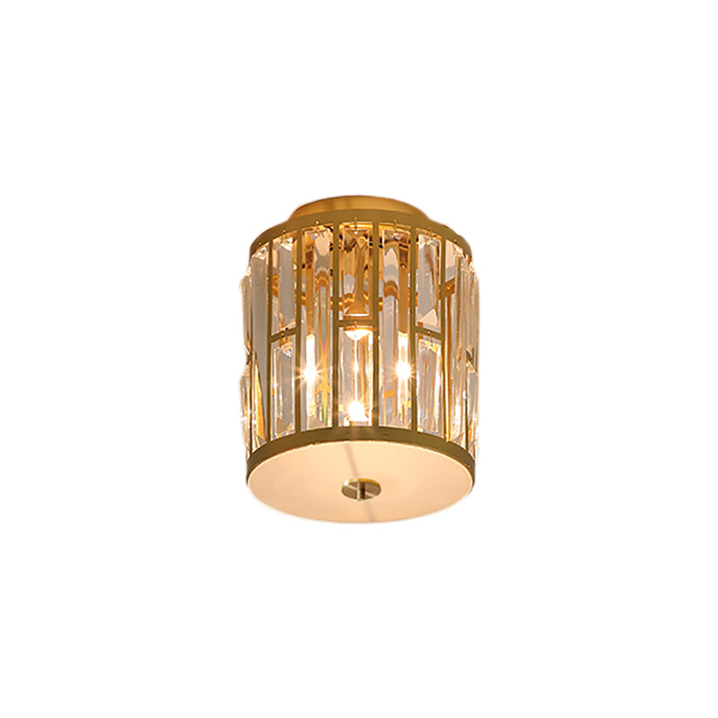 Cylinder Flush Mount Light Modern Metal and Crystal 1 Light Gold Ceiling Light Fixture Clearhalo 'Ceiling Lights' 'Close To Ceiling Lights' 'Close to ceiling' 'Flush mount' Lighting' 220763