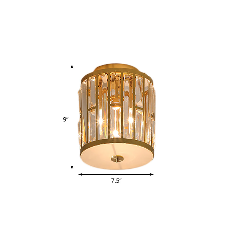 Cylinder Flush Mount Light Modern Metal and Crystal 1 Light Gold Ceiling Light Fixture Clearhalo 'Ceiling Lights' 'Close To Ceiling Lights' 'Close to ceiling' 'Flush mount' Lighting' 220764