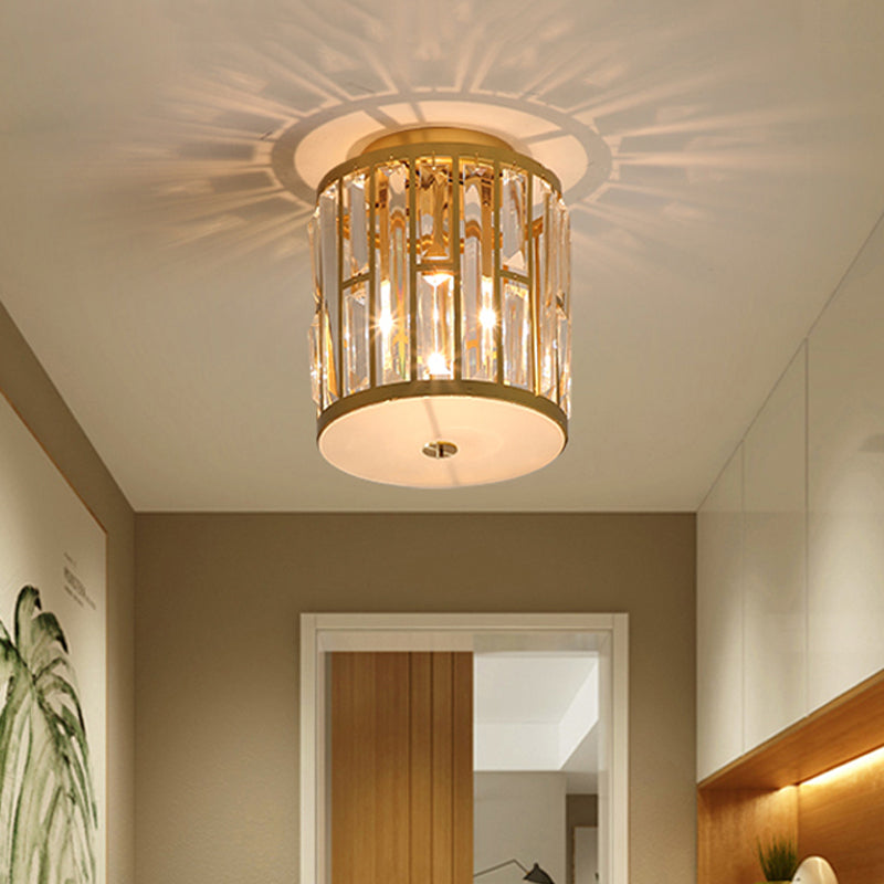 Cylinder Flush Mount Light Modern Metal and Crystal 1 Light Gold Ceiling Light Fixture Clearhalo 'Ceiling Lights' 'Close To Ceiling Lights' 'Close to ceiling' 'Flush mount' Lighting' 220765