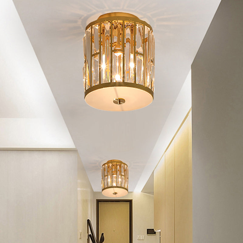 Cylinder Flush Mount Light Modern Metal and Crystal 1 Light Gold Ceiling Light Fixture Gold Clearhalo 'Ceiling Lights' 'Close To Ceiling Lights' 'Close to ceiling' 'Flush mount' Lighting' 220766