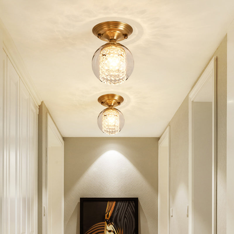 Clear Glass Shade Globe Ceiling Flush with Crystal Strand Modern 1 Light Brass Flush Mount for Hallway Clearhalo 'Ceiling Lights' 'Close To Ceiling Lights' 'Close to ceiling' 'Semi-flushmount' Lighting' 220767