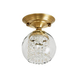 Clear Glass Shade Globe Ceiling Flush with Crystal Strand Modern 1 Light Brass Flush Mount for Hallway Clearhalo 'Ceiling Lights' 'Close To Ceiling Lights' 'Close to ceiling' 'Semi-flushmount' Lighting' 220769