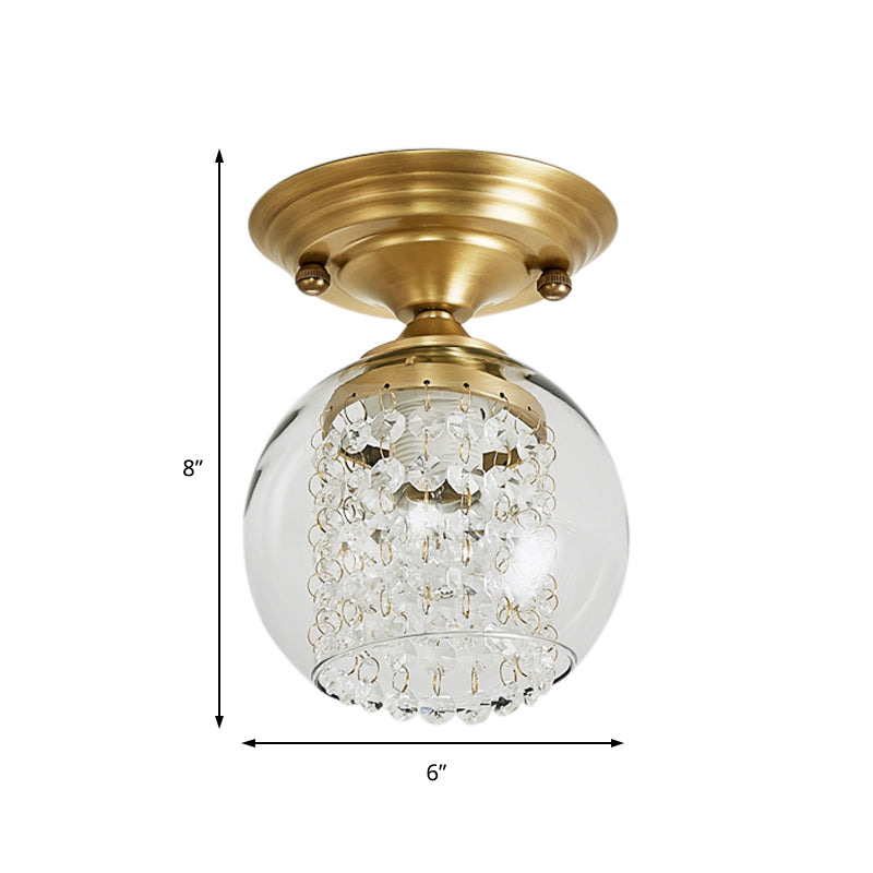 Clear Glass Shade Globe Ceiling Flush with Crystal Strand Modern 1 Light Brass Flush Mount for Hallway Clearhalo 'Ceiling Lights' 'Close To Ceiling Lights' 'Close to ceiling' 'Semi-flushmount' Lighting' 220770