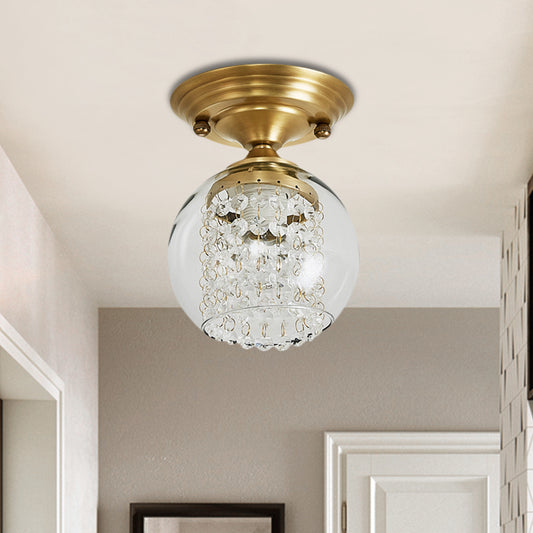 Clear Glass Shade Globe Ceiling Flush with Crystal Strand Modern 1 Light Brass Flush Mount for Hallway Brass Clearhalo 'Ceiling Lights' 'Close To Ceiling Lights' 'Close to ceiling' 'Semi-flushmount' Lighting' 220772