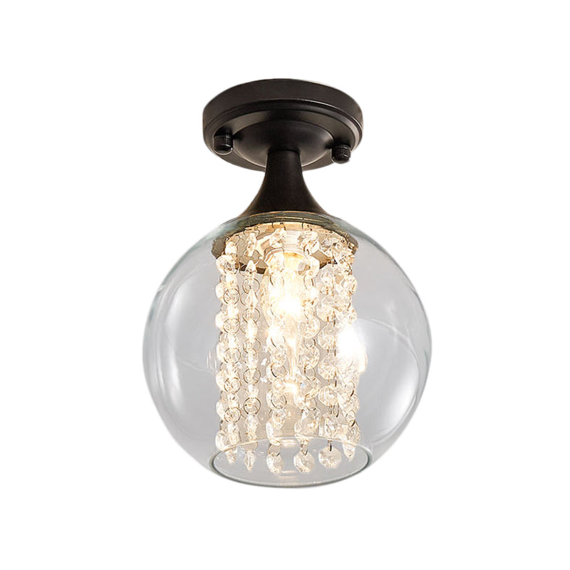 1 Light Corridor Semi Flush Mount Light with Cylinder/Globe Glass Shade and Crystal Strand Vintage Black Ceiling Fixture Clearhalo 'Ceiling Lights' 'Close To Ceiling Lights' 'Close to ceiling' 'Semi-flushmount' Lighting' 220775