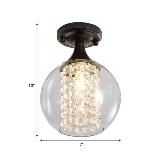1 Light Corridor Semi Flush Mount Light with Cylinder/Globe Glass Shade and Crystal Strand Vintage Black Ceiling Fixture Clearhalo 'Ceiling Lights' 'Close To Ceiling Lights' 'Close to ceiling' 'Semi-flushmount' Lighting' 220776