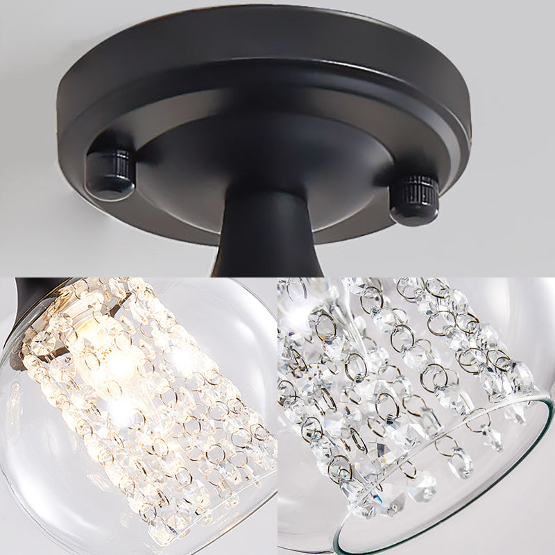 1 Light Corridor Semi Flush Mount Light with Cylinder/Globe Glass Shade and Crystal Strand Vintage Black Ceiling Fixture Clearhalo 'Ceiling Lights' 'Close To Ceiling Lights' 'Close to ceiling' 'Semi-flushmount' Lighting' 220777