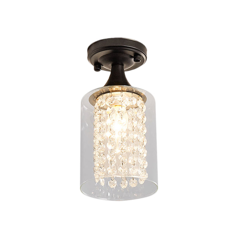 1 Light Corridor Semi Flush Mount Light with Cylinder/Globe Glass Shade and Crystal Strand Vintage Black Ceiling Fixture Clearhalo 'Ceiling Lights' 'Close To Ceiling Lights' 'Close to ceiling' 'Semi-flushmount' Lighting' 220780