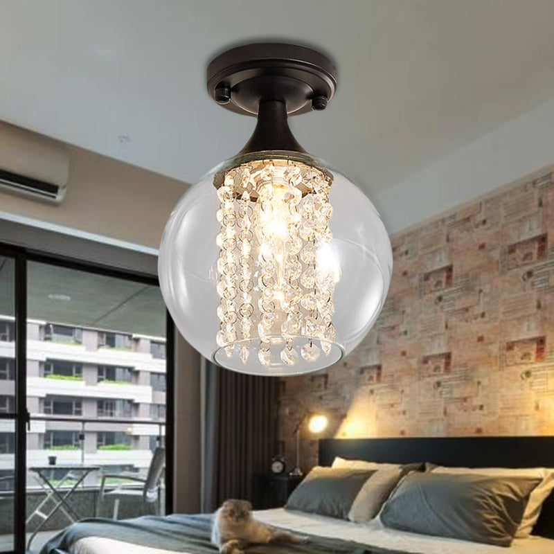 1 Light Corridor Semi Flush Mount Light with Cylinder/Globe Glass Shade and Crystal Strand Vintage Black Ceiling Fixture Black Globe Clearhalo 'Ceiling Lights' 'Close To Ceiling Lights' 'Close to ceiling' 'Semi-flushmount' Lighting' 220782