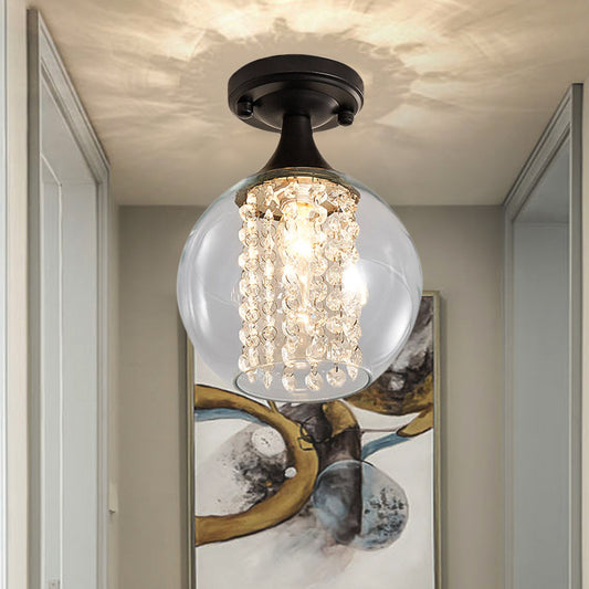 1 Light Corridor Semi Flush Mount Light with Cylinder/Globe Glass Shade and Crystal Strand Vintage Black Ceiling Fixture Clearhalo 'Ceiling Lights' 'Close To Ceiling Lights' 'Close to ceiling' 'Semi-flushmount' Lighting' 220783