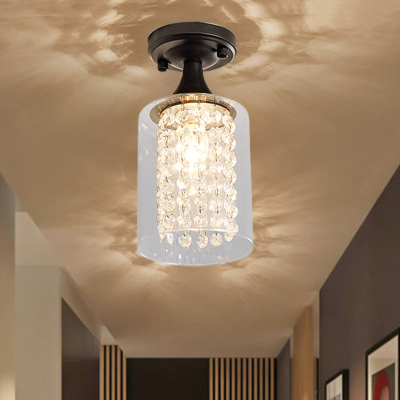 1 Light Corridor Semi Flush Mount Light with Cylinder/Globe Glass Shade and Crystal Strand Vintage Black Ceiling Fixture Clearhalo 'Ceiling Lights' 'Close To Ceiling Lights' 'Close to ceiling' 'Semi-flushmount' Lighting' 220784