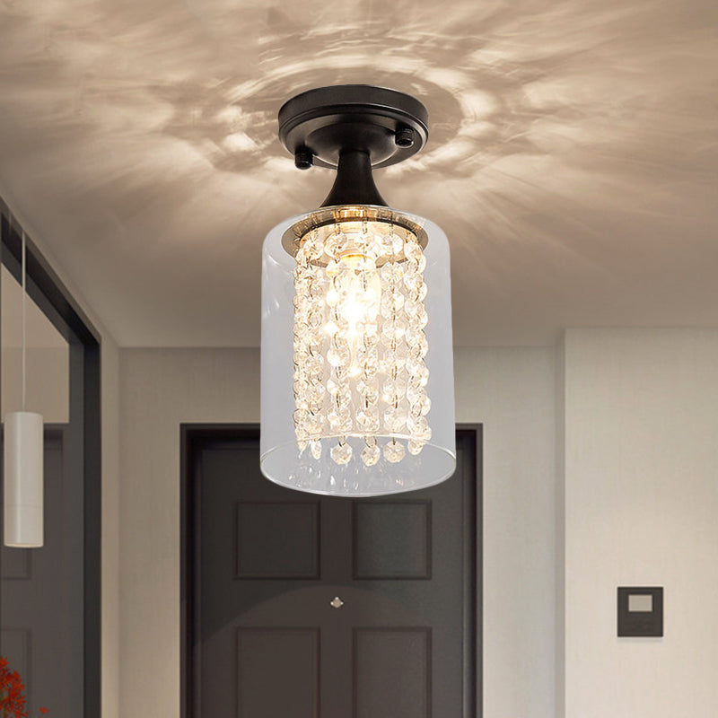 1 Light Corridor Semi Flush Mount Light with Cylinder/Globe Glass Shade and Crystal Strand Vintage Black Ceiling Fixture Black Cylinder Clearhalo 'Ceiling Lights' 'Close To Ceiling Lights' 'Close to ceiling' 'Semi-flushmount' Lighting' 220785