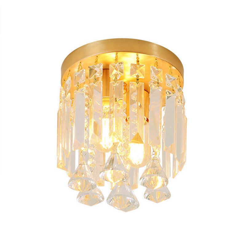 Cylinder Flush Mount Light Modern Crystal Block 2 Lights Corridor Ceiling Flush in Brass, 8"/10" Wide Clearhalo 'Ceiling Lights' 'Close To Ceiling Lights' 'Close to ceiling' 'Flush mount' Lighting' 220790