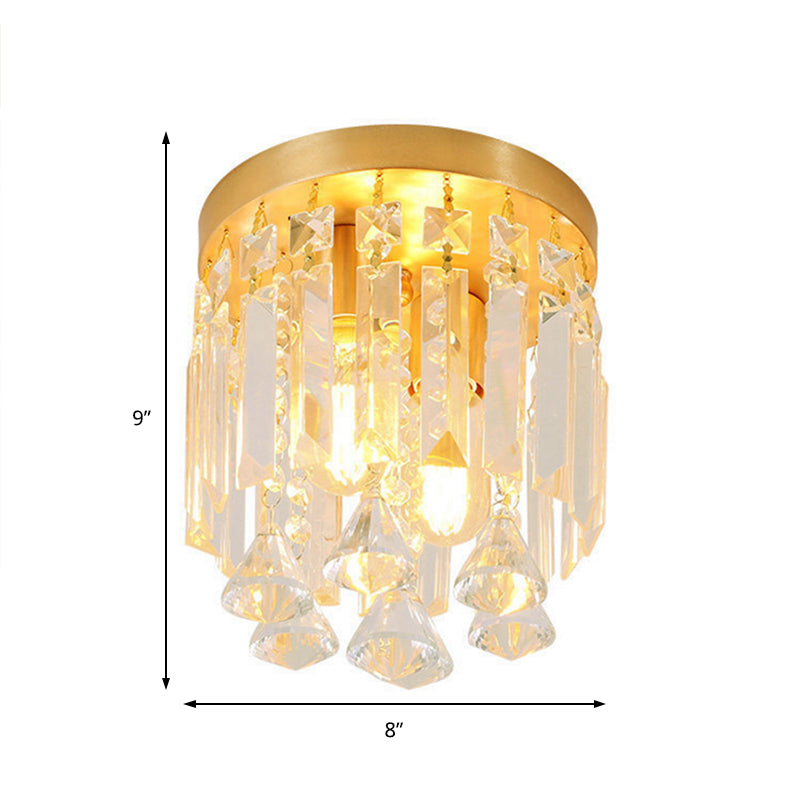 Cylinder Flush Mount Light Modern Crystal Block 2 Lights Corridor Ceiling Flush in Brass, 8"/10" Wide Clearhalo 'Ceiling Lights' 'Close To Ceiling Lights' 'Close to ceiling' 'Flush mount' Lighting' 220791