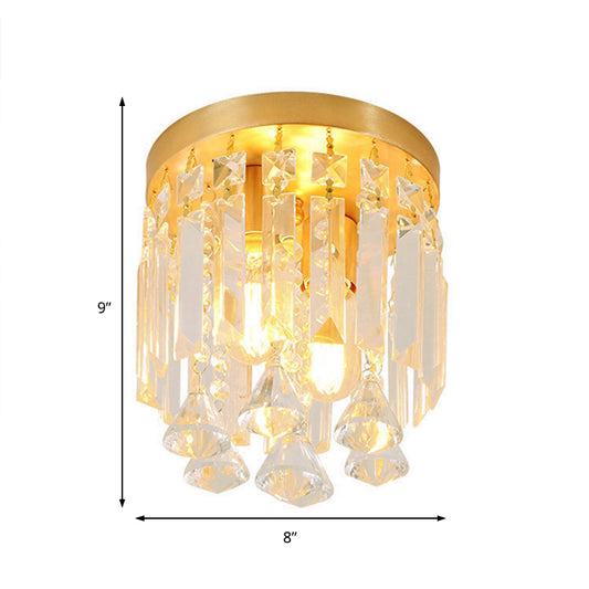 Cylinder Flush Mount Light Modern Crystal Block 2 Lights Corridor Ceiling Flush in Brass, 8"/10" Wide Clearhalo 'Ceiling Lights' 'Close To Ceiling Lights' 'Close to ceiling' 'Flush mount' Lighting' 220791