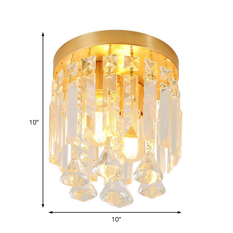 Cylinder Flush Mount Light Modern Crystal Block 2 Lights Corridor Ceiling Flush in Brass, 8"/10" Wide Clearhalo 'Ceiling Lights' 'Close To Ceiling Lights' 'Close to ceiling' 'Flush mount' Lighting' 220792