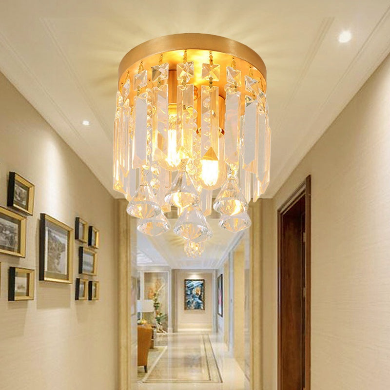 Cylinder Flush Mount Light Modern Crystal Block 2 Lights Corridor Ceiling Flush in Brass, 8"/10" Wide Brass 8" Clearhalo 'Ceiling Lights' 'Close To Ceiling Lights' 'Close to ceiling' 'Flush mount' Lighting' 220794