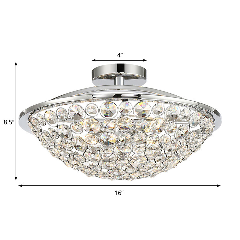 Dome Ceiling Light Modern Metal and Crystal 3 Lights Balcony Semi Flush Mount Light in Chrome Clearhalo 'Ceiling Lights' 'Close To Ceiling Lights' 'Close to ceiling' 'Semi-flushmount' Lighting' 220807