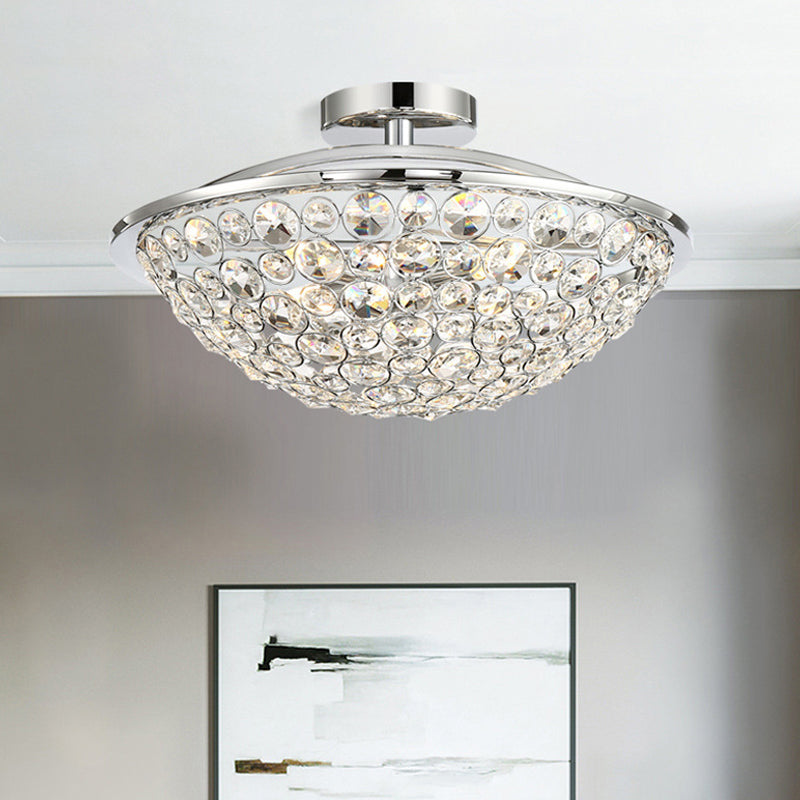 Dome Ceiling Light Modern Metal and Crystal 3 Lights Balcony Semi Flush Mount Light in Chrome Chrome Clearhalo 'Ceiling Lights' 'Close To Ceiling Lights' 'Close to ceiling' 'Semi-flushmount' Lighting' 220809