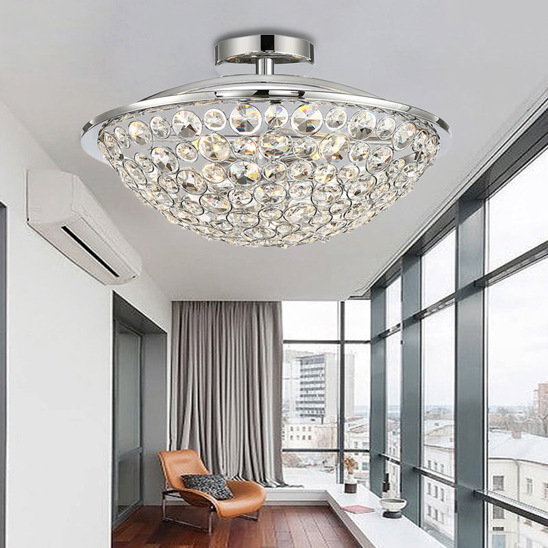 Dome Ceiling Light Modern Metal and Crystal 3 Lights Balcony Semi Flush Mount Light in Chrome Clearhalo 'Ceiling Lights' 'Close To Ceiling Lights' 'Close to ceiling' 'Semi-flushmount' Lighting' 220810