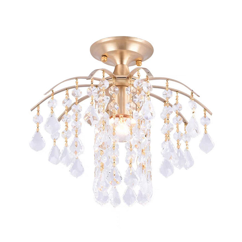 Modern Cascade Semi Flush Mount Crystal 1 Light Corridor Ceiling Light Fixture in Gold Clearhalo 'Ceiling Lights' 'Close To Ceiling Lights' 'Close to ceiling' 'Semi-flushmount' Lighting' 220848