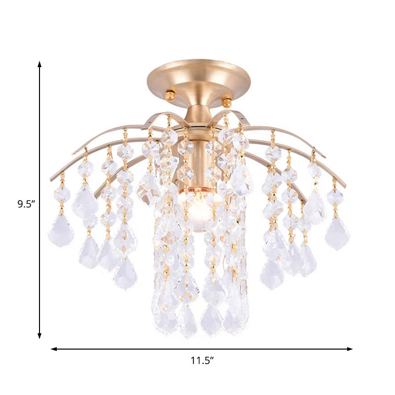 Modern Cascade Semi Flush Mount Crystal 1 Light Corridor Ceiling Light Fixture in Gold Clearhalo 'Ceiling Lights' 'Close To Ceiling Lights' 'Close to ceiling' 'Semi-flushmount' Lighting' 220849