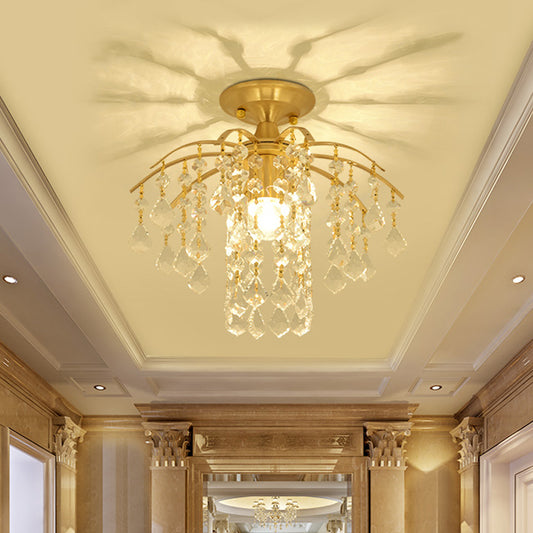 Modern Cascade Semi Flush Mount Crystal 1 Light Corridor Ceiling Light Fixture in Gold Gold Clearhalo 'Ceiling Lights' 'Close To Ceiling Lights' 'Close to ceiling' 'Semi-flushmount' Lighting' 220851