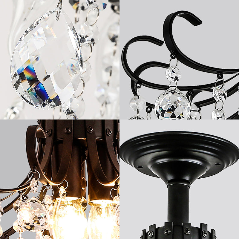 Postmodern Curve Arm Ceiling Light Faceted Crystal Ball 3 Lights Corridor Semi Flush Mount Light in Gold/Black Clearhalo 'Ceiling Lights' 'Close To Ceiling Lights' 'Close to ceiling' 'Semi-flushmount' Lighting' 220857