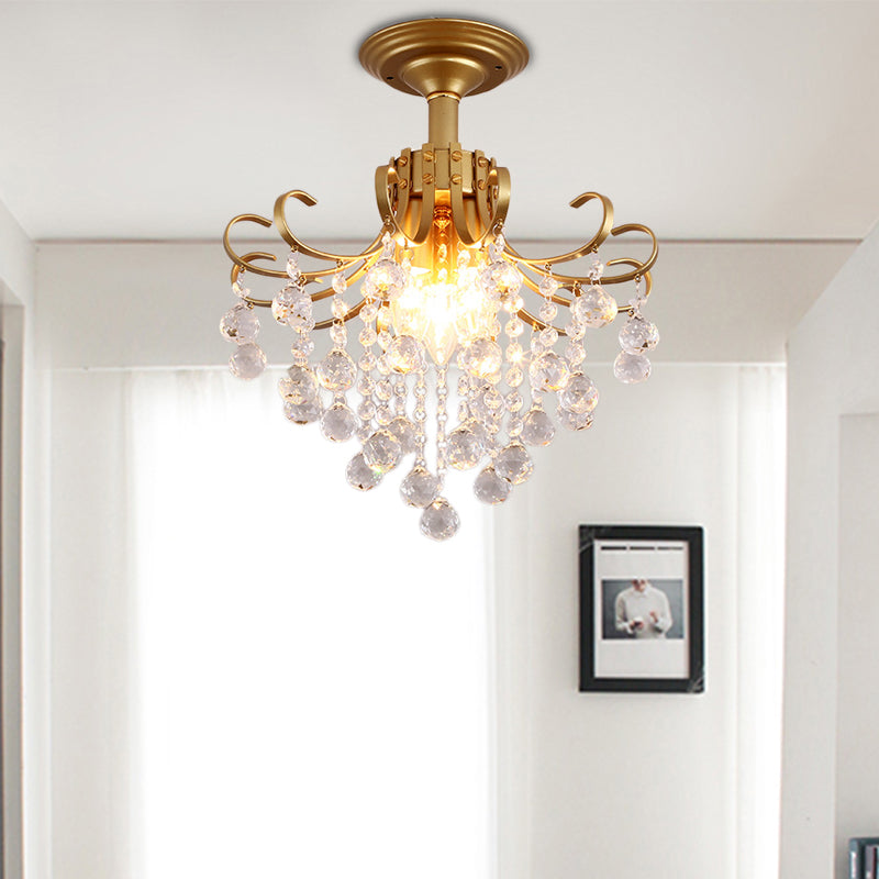 Postmodern Curve Arm Ceiling Light Faceted Crystal Ball 3 Lights Corridor Semi Flush Mount Light in Gold/Black Gold Clearhalo 'Ceiling Lights' 'Close To Ceiling Lights' 'Close to ceiling' 'Semi-flushmount' Lighting' 220858