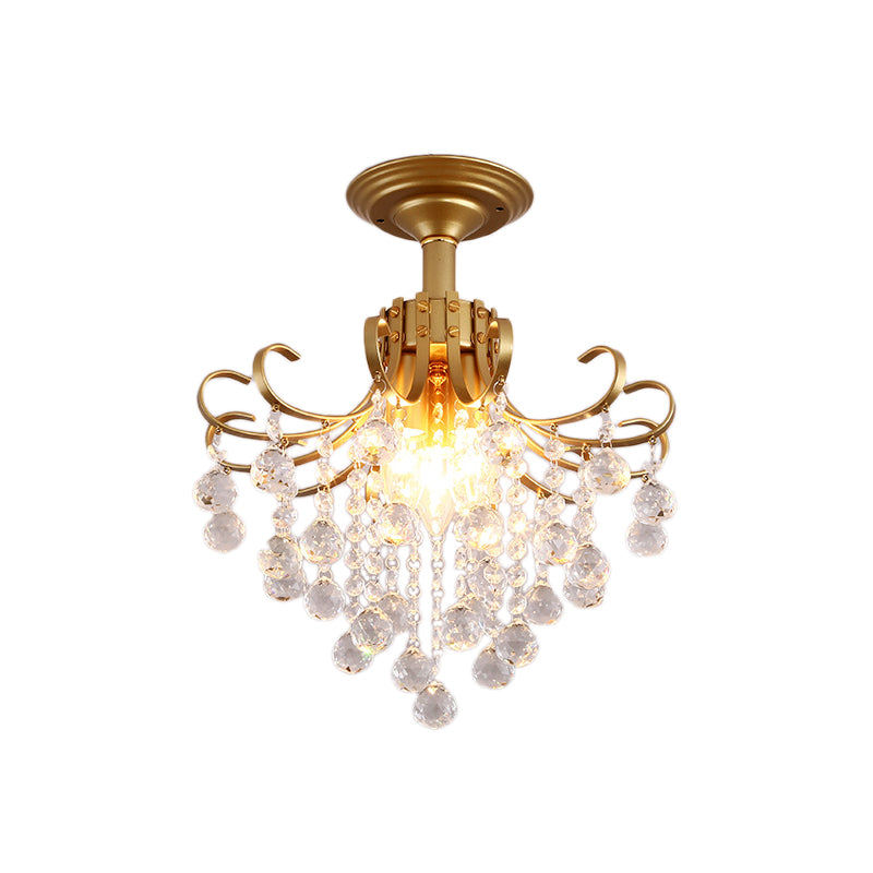 Postmodern Curve Arm Ceiling Light Faceted Crystal Ball 3 Lights Corridor Semi Flush Mount Light in Gold/Black Clearhalo 'Ceiling Lights' 'Close To Ceiling Lights' 'Close to ceiling' 'Semi-flushmount' Lighting' 220860