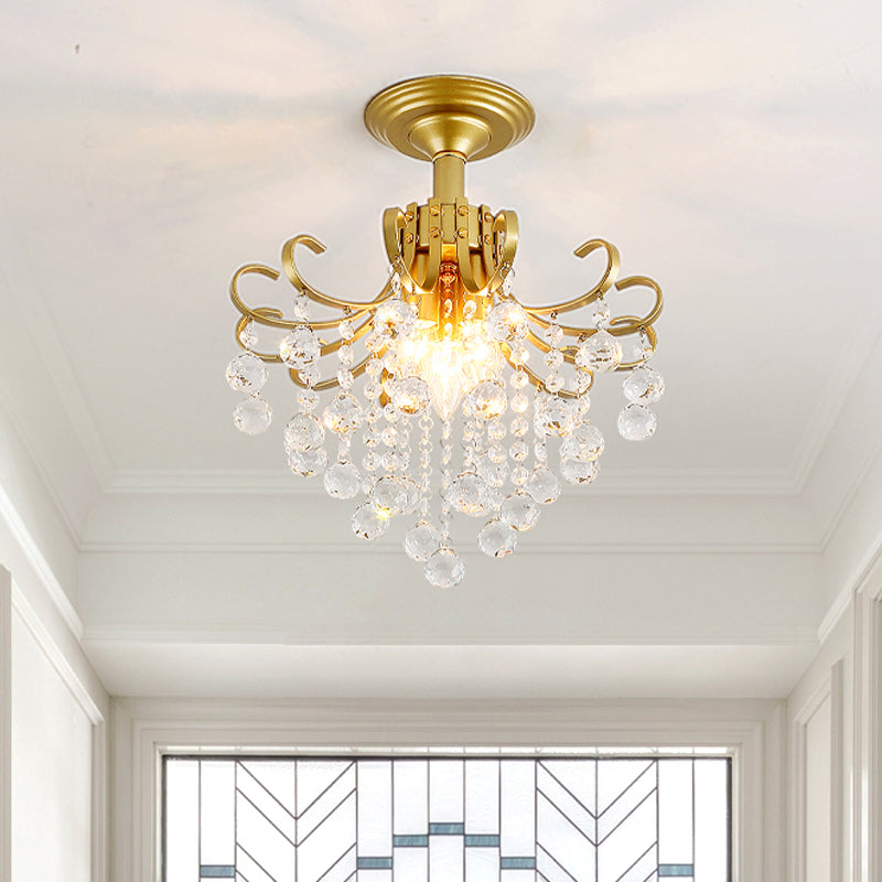 Postmodern Curve Arm Ceiling Light Faceted Crystal Ball 3 Lights Corridor Semi Flush Mount Light in Gold/Black Clearhalo 'Ceiling Lights' 'Close To Ceiling Lights' 'Close to ceiling' 'Semi-flushmount' Lighting' 220863